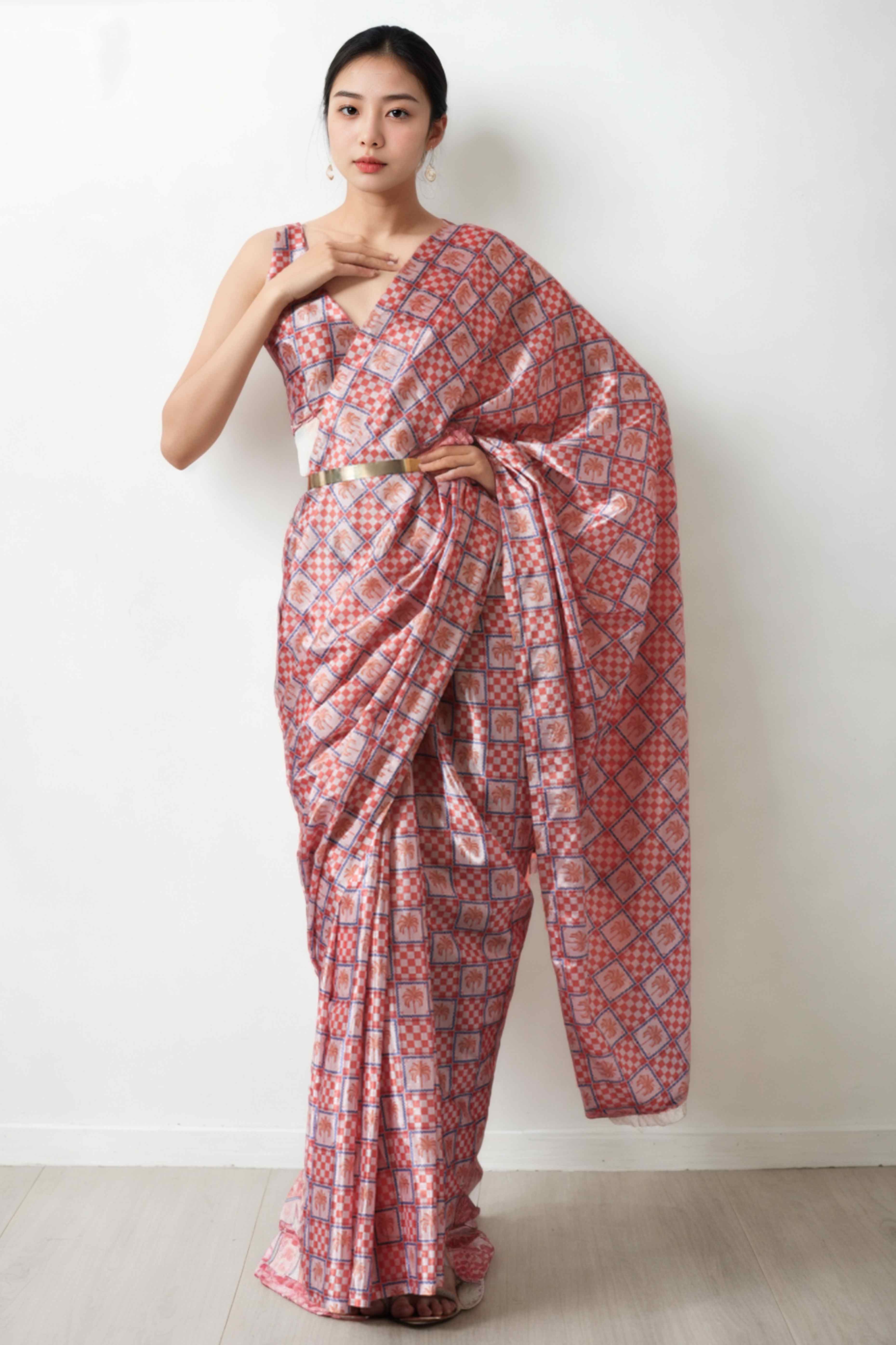 Peach Digital Printed With Lace Border Pallu Chinon Ready To Wear Saree