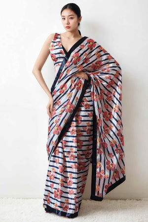 White & Blue Floral Digital Printed With Lace Border Pallu Chinon Ready To Wear Saree