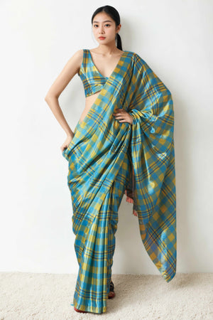 Blue Checks Digital Printed With Delicate Lace Border Pallu Chinon Ready To Wear Saree