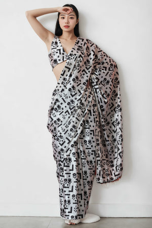 White & Black Floral Digital Printed With Intricate Lace Border Pallu Chinon Ready To Wear Saree