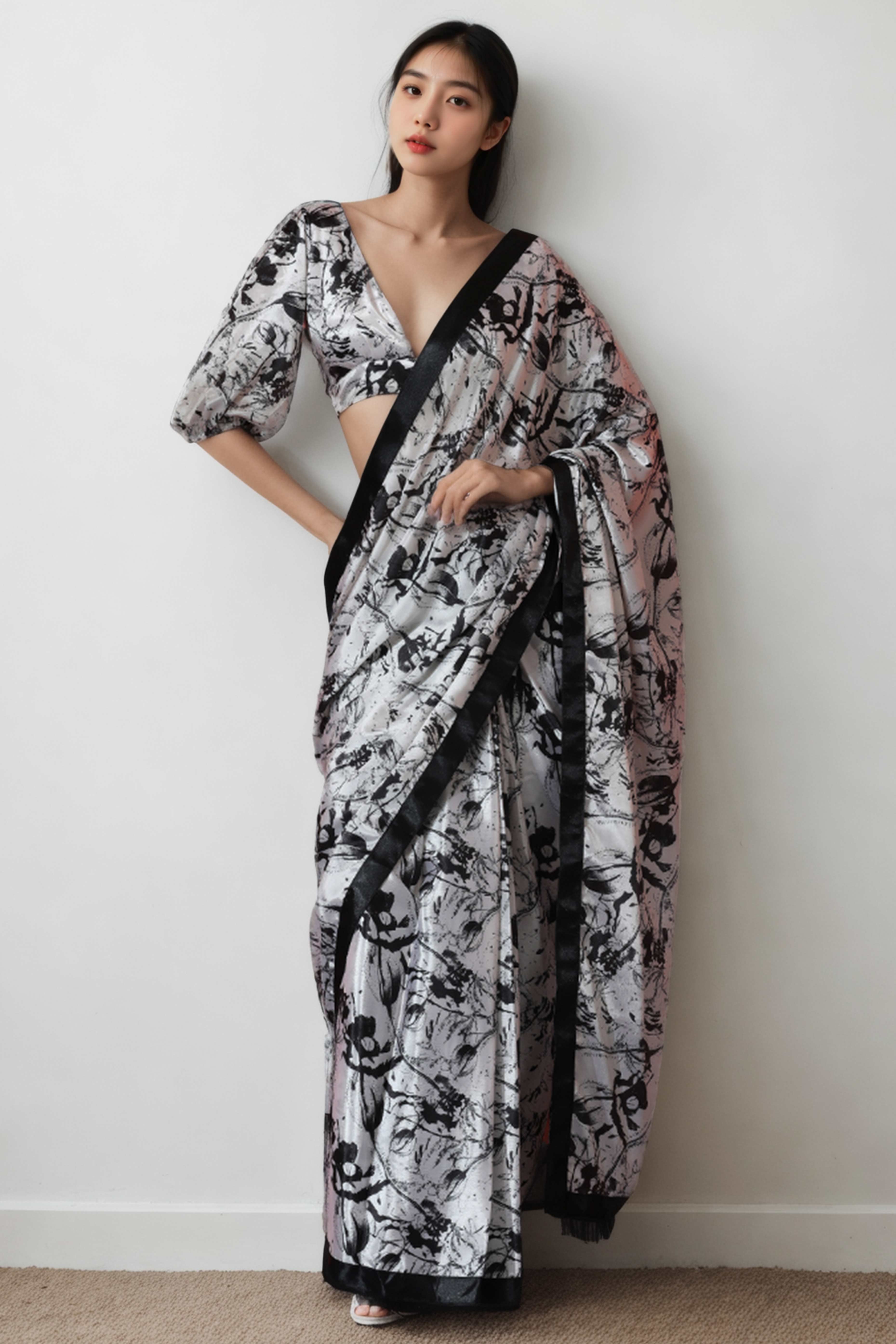 White & Black Digital Printed With Intricate Lace Border Pallu Chinon Ready To Wear Saree