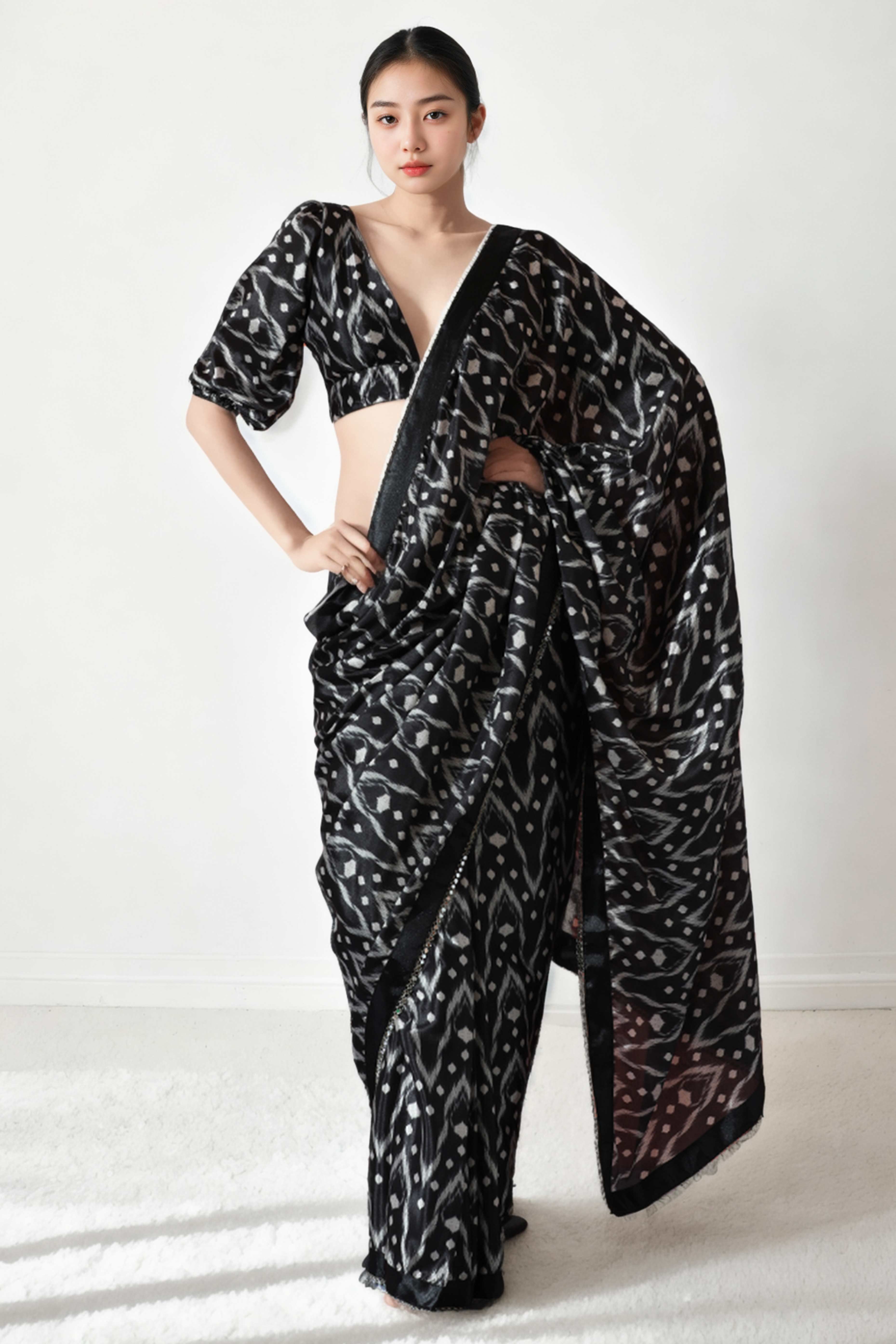 Black Digital Printed With Intricate Lace Border Pallu Chinon Ready To Wear Saree - Image 1