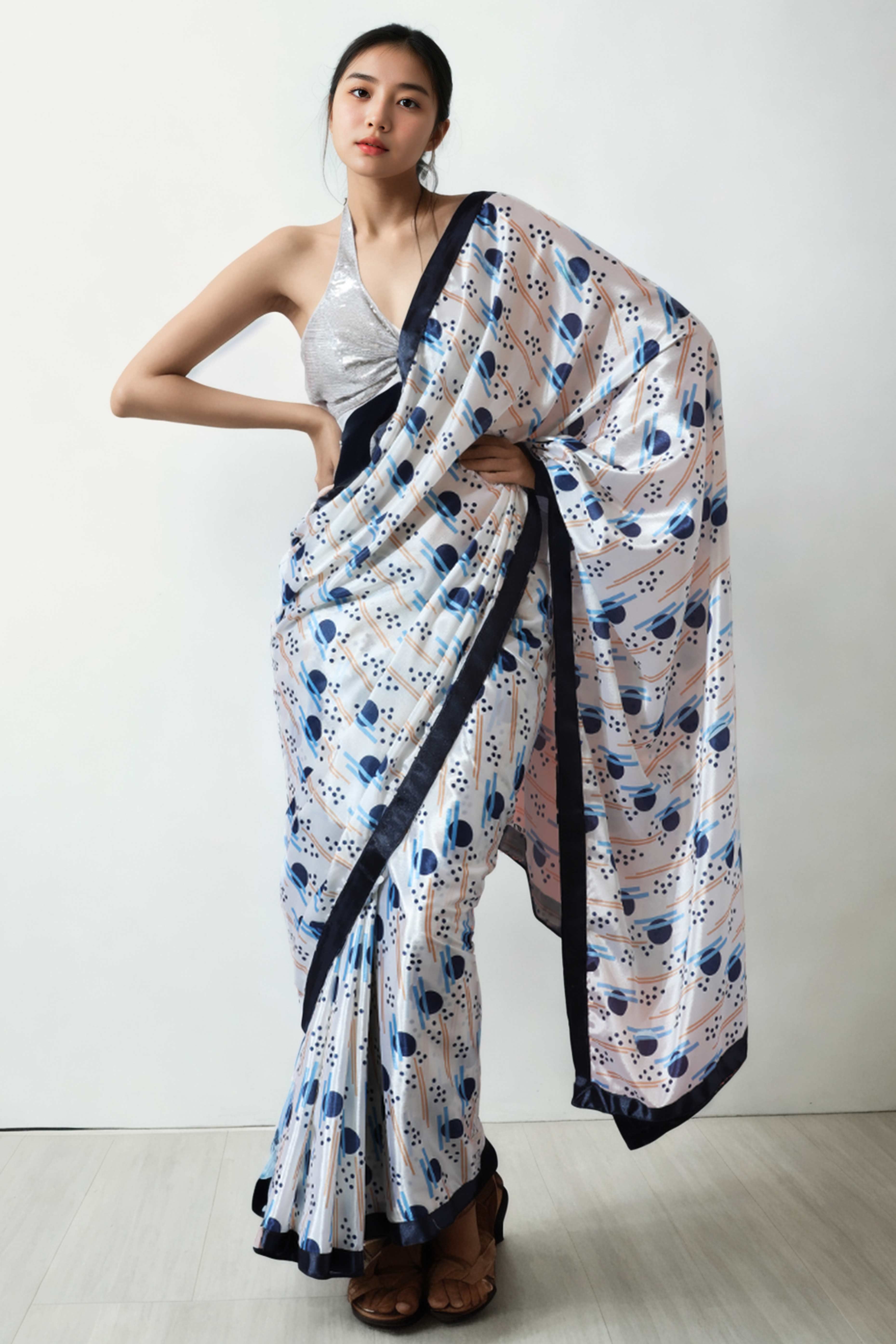 White Geometric Digital Printed With Intricate Lace Border Pallu Chinon Ready To Wear Saree