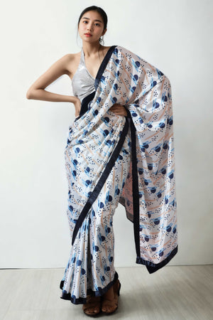 White Geometric Digital Printed With Intricate Lace Border Pallu Chinon Ready To Wear Saree
