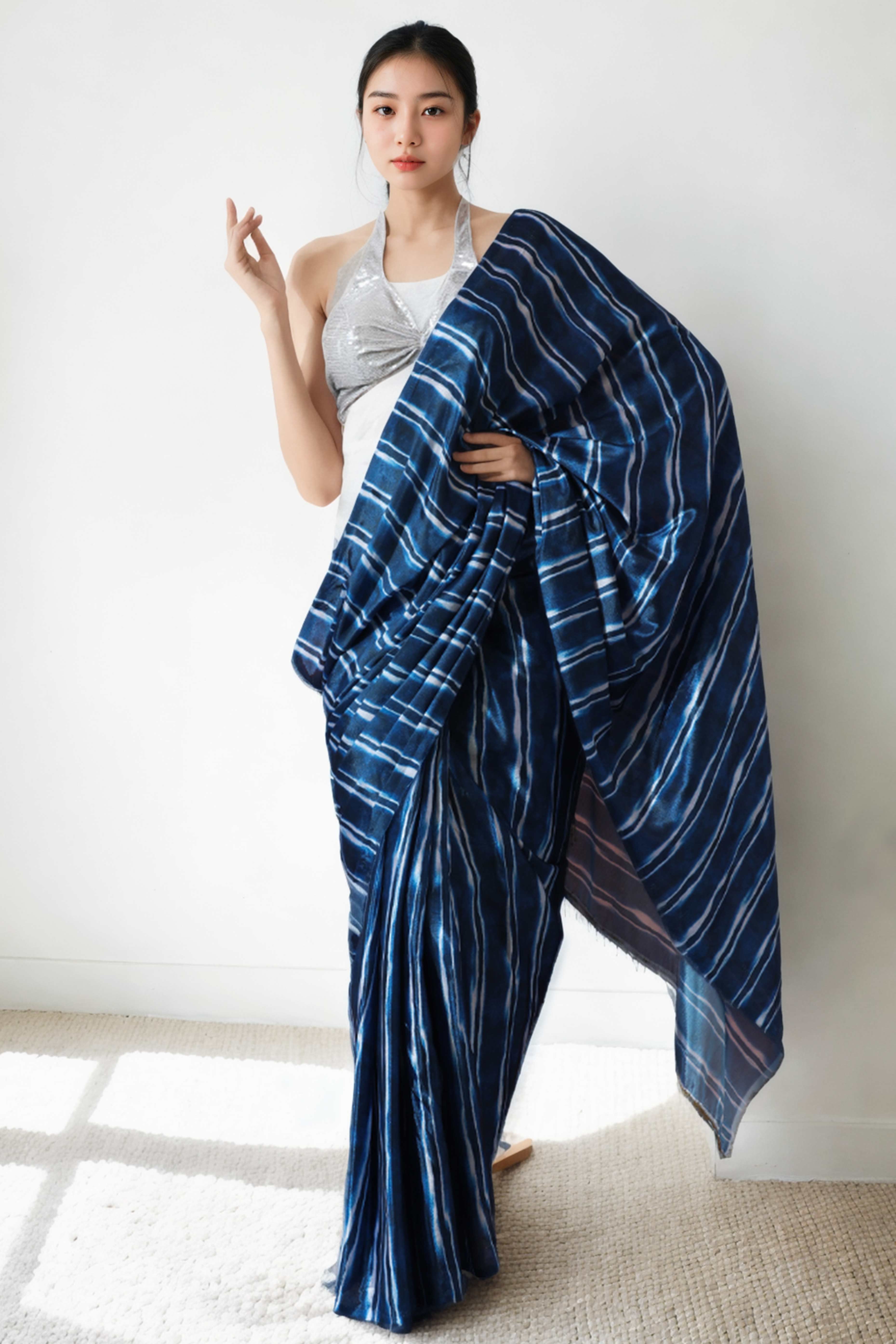 Blue Striped Digital Printed With Delicate Lace Border Pallu Chinon Ready To Wear Saree