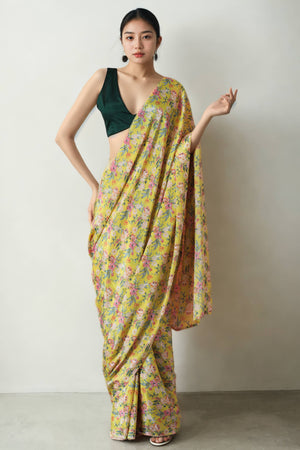 Lemon Yellow Floral Digital Printed Chinon Ready To Wear Saree