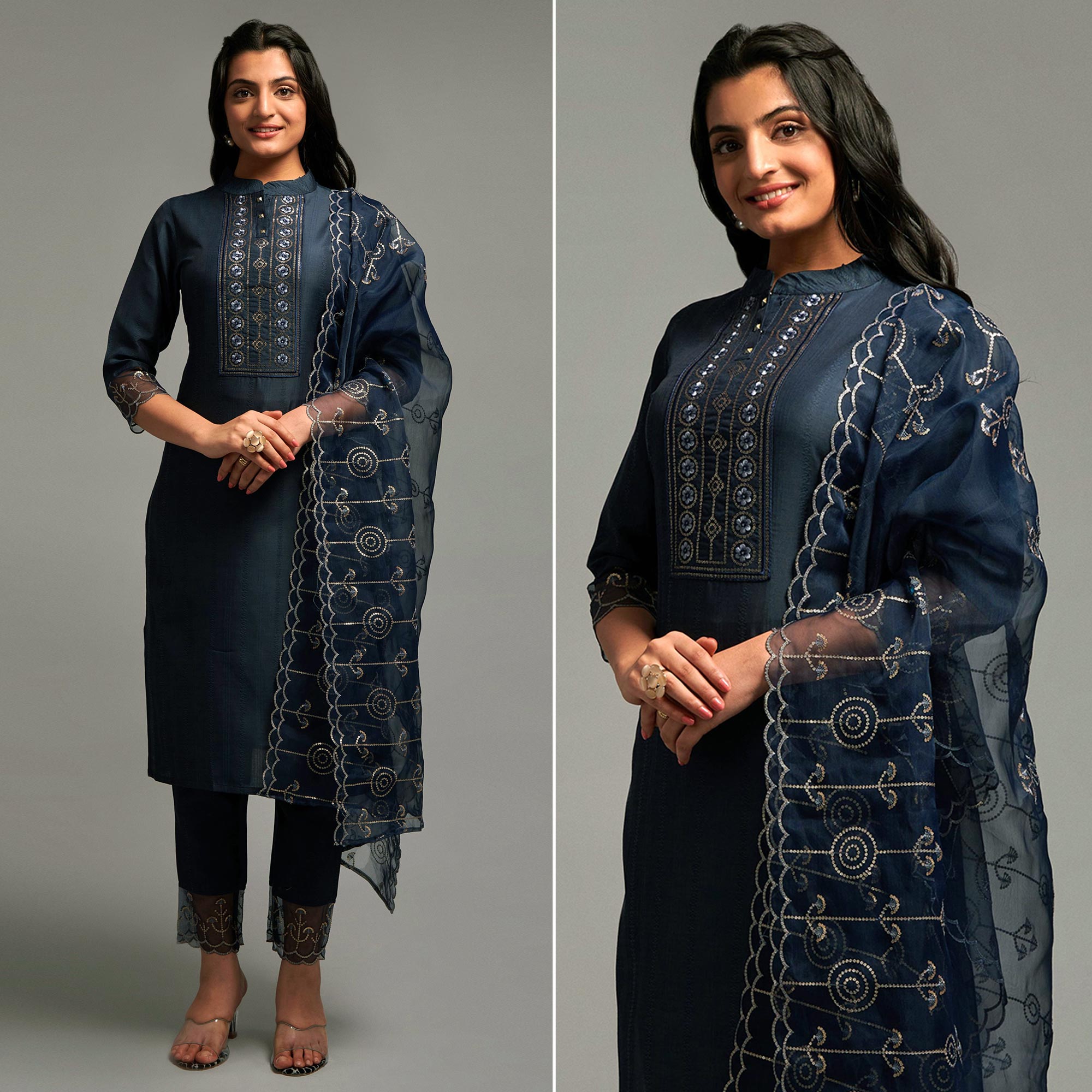 Blue Embroidered Chinon Kurti Sets