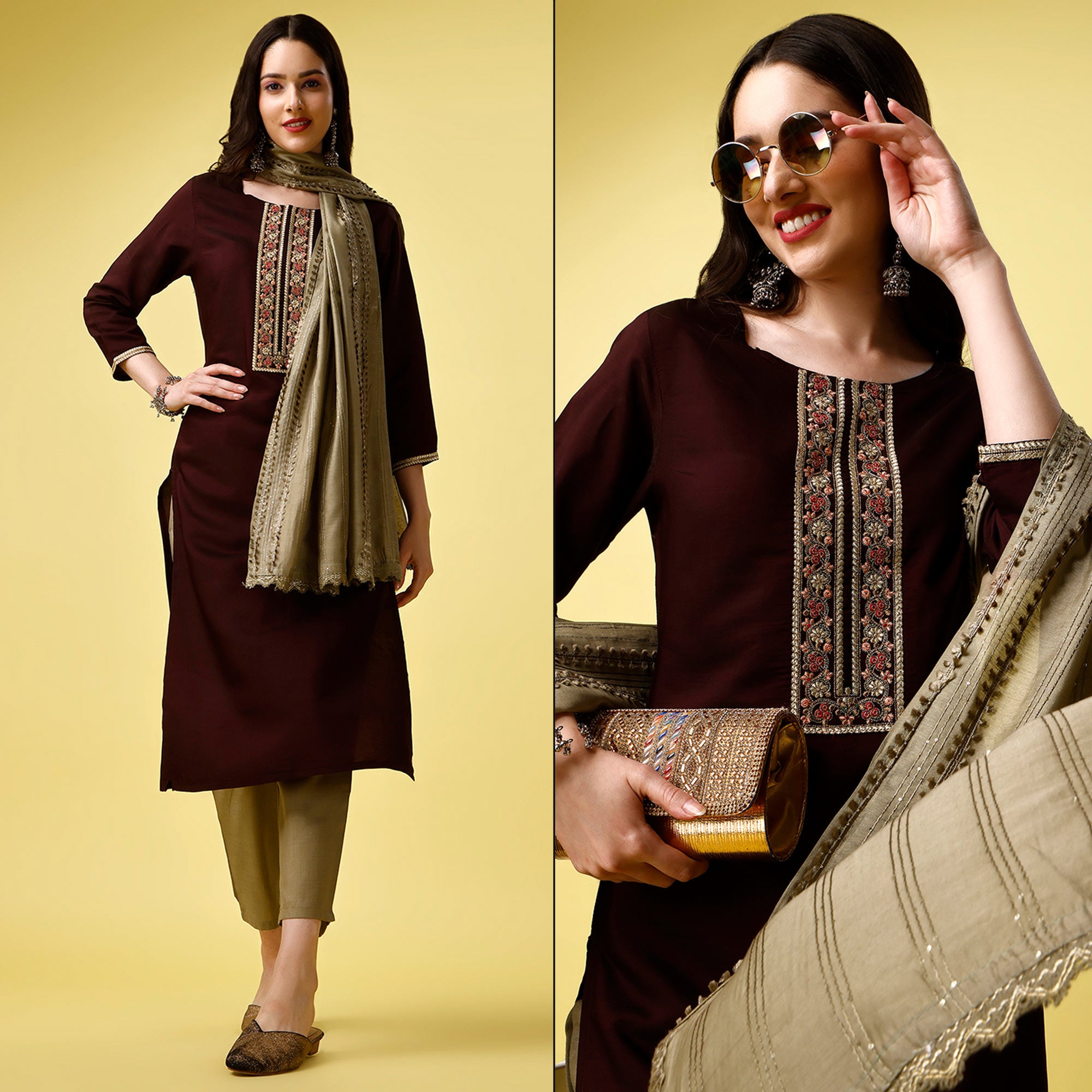 Maroon Embroidered Art Silk Kurti Sets