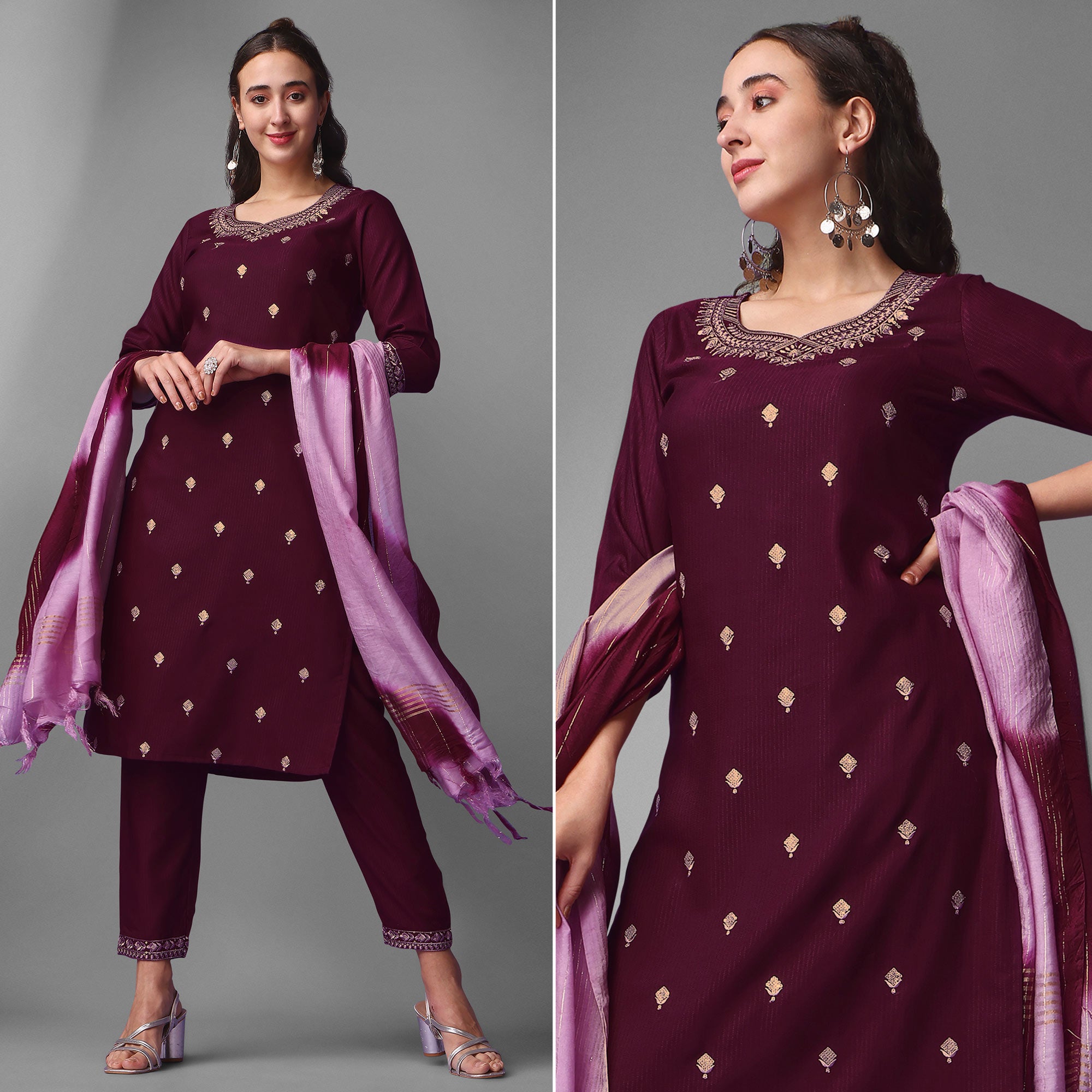 Wine Embroidered Rayon Kurti Sets