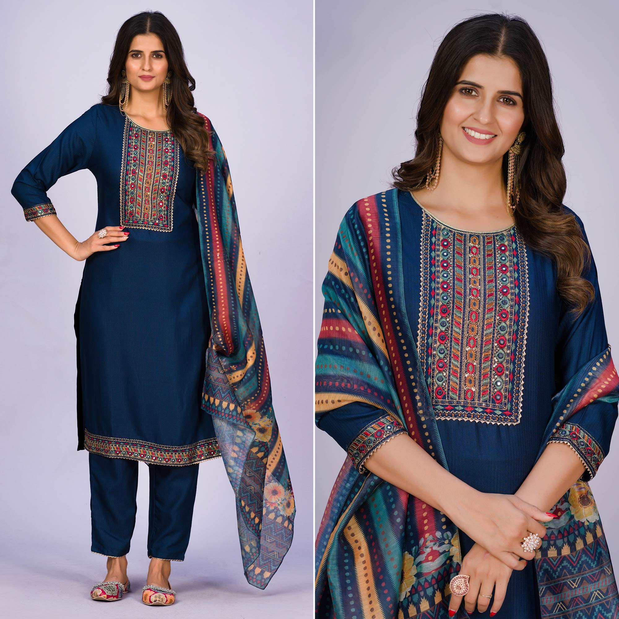 Teal Blue Embroidered Rayon Kurti Sets