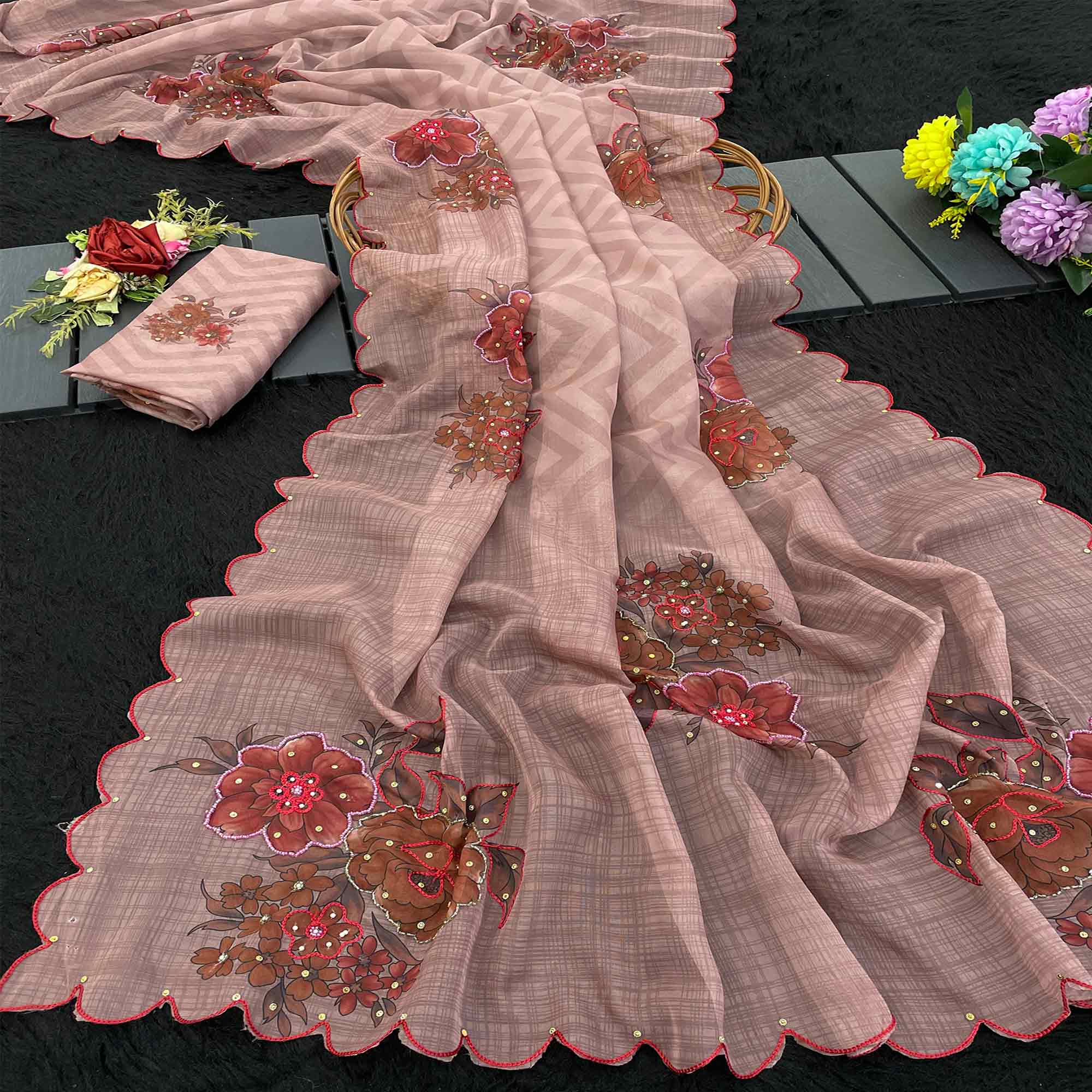 Designer Dusty Pink Tabby Organza Saree with Floral Patterns and Intricate Handcrafted Details