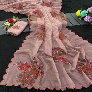 Designer Dusty Pink Tabby Organza Saree with Floral Patterns and Intricate Handcrafted Details