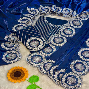 Designer Blue Fandy Satin Saree Featuring Intricate Sequins Embroidery for Elegant Styling