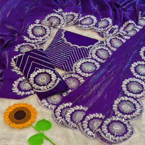 Designer Violet Fandy Satin Saree Featuring Intricate Sequins Embroidery for Elegant Styling