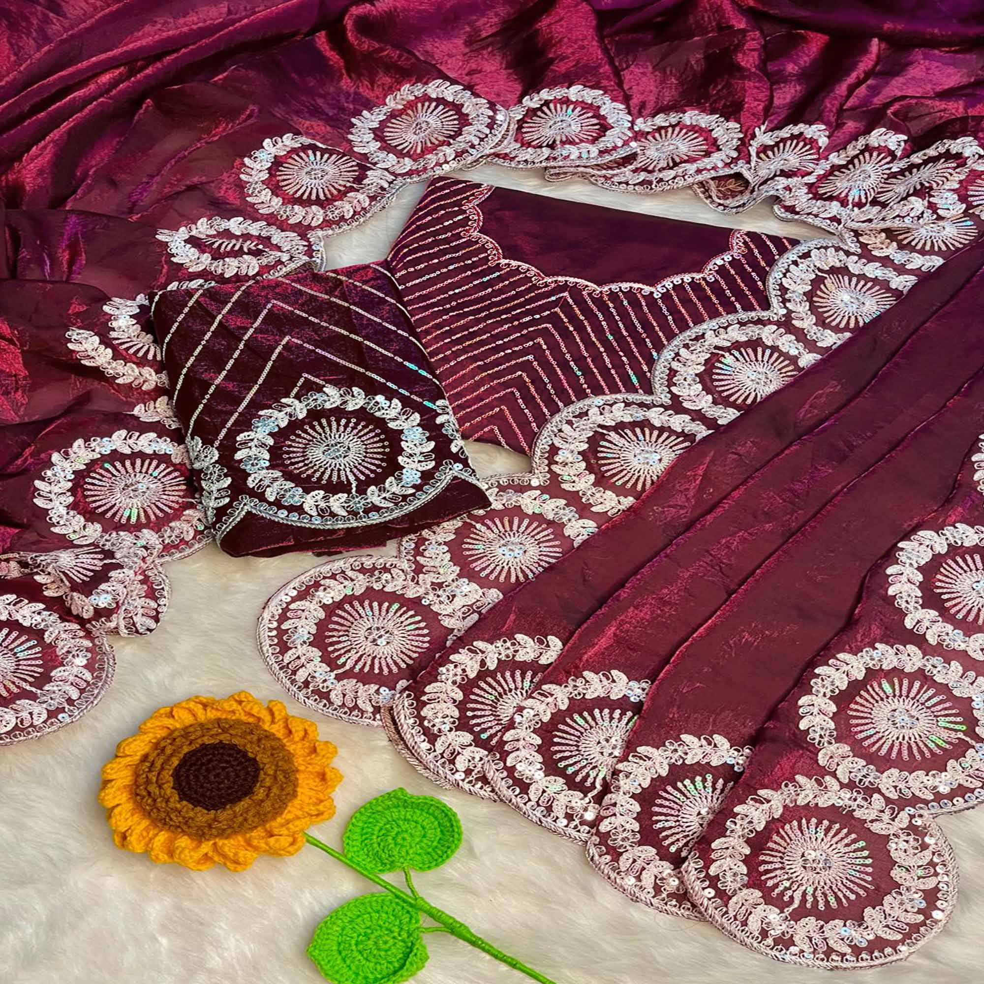 Designer Wine Fandy Satin Saree Featuring Intricate Sequins Embroidery for Elegant Styling