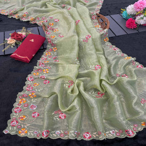 Premium Green Crush Satin Saree with Beautiful Floral Embroidery