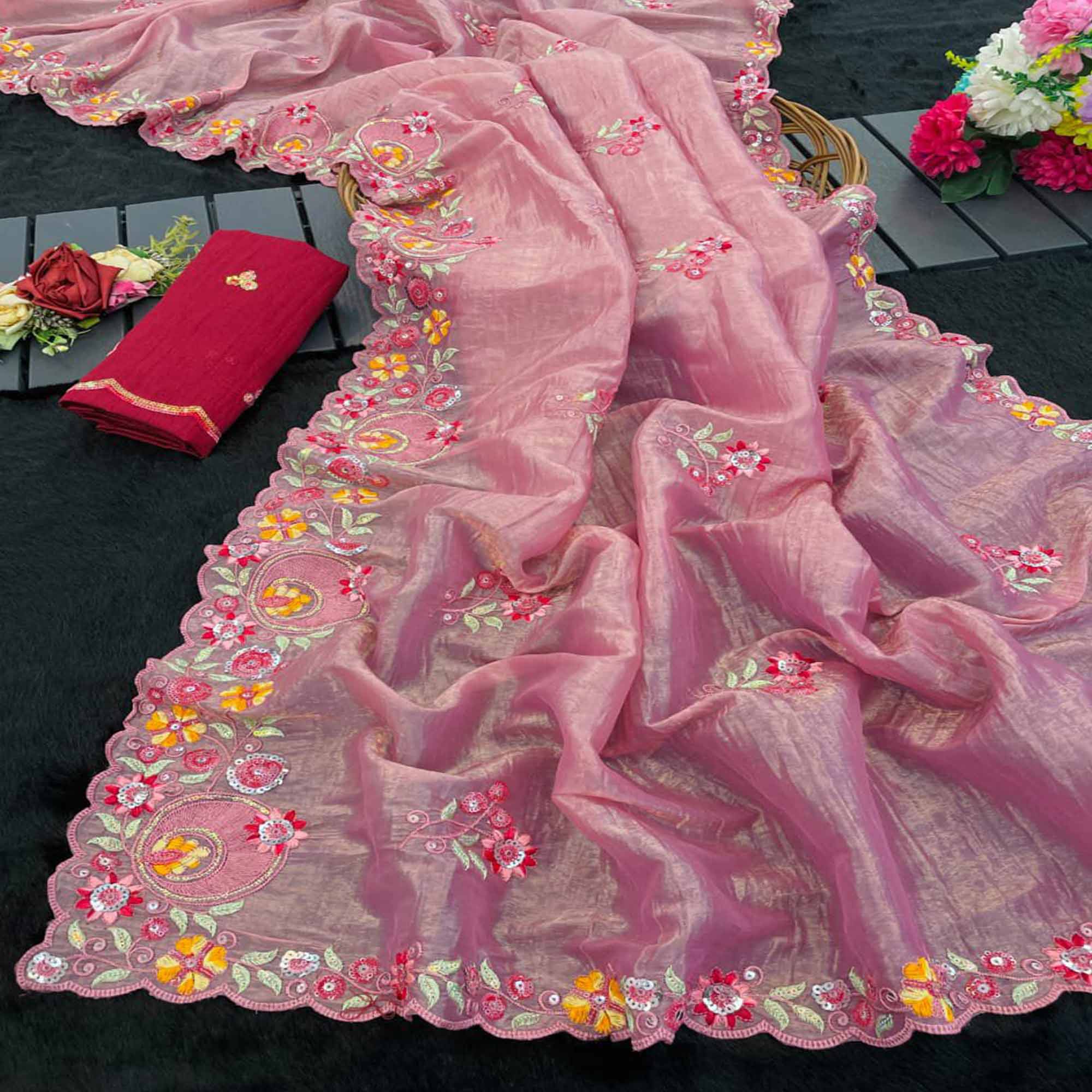 Premium Pink Crush Satin Saree with Beautiful Floral Embroidery