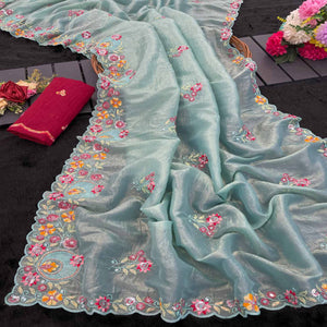 Premium Sea Green Crush Satin Saree with Beautiful Floral Embroidery