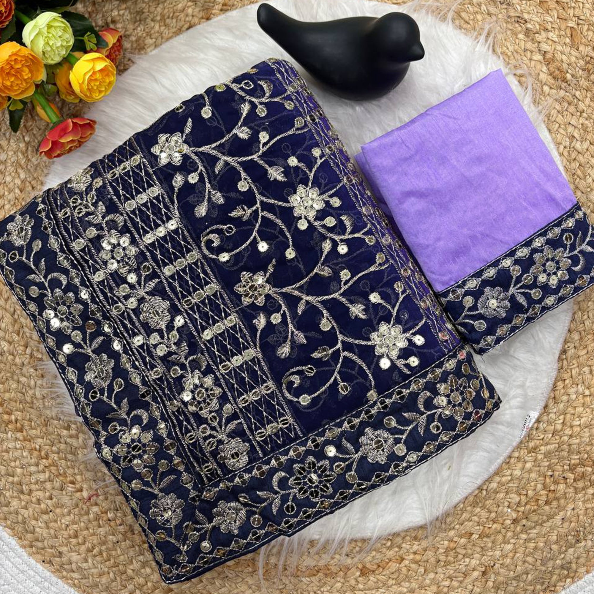 Beautiful Lavender Partywear Saree Crafted in Georgette with Sequins and Thread Work