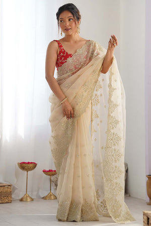 Luxury Cream Pure Organza Saree with Sequins Work for Festive Celebrations