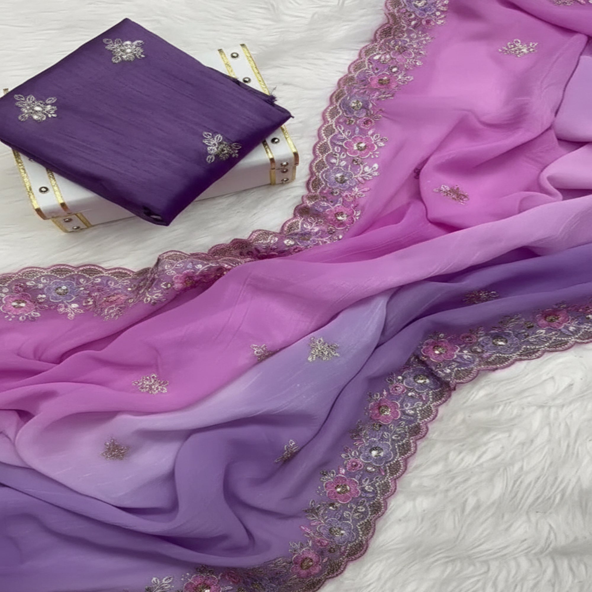 Radiant Purple Crunchy Ombre Saree Adorned with Floral Thread Embroidery & Sequins Work