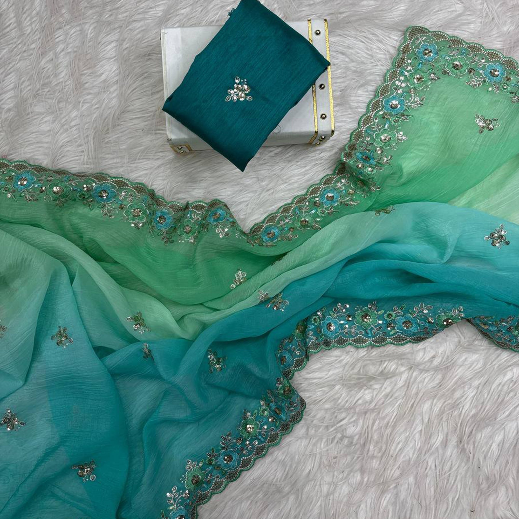Radiant Teal Green Crunchy Ombre Saree Adorned with Floral Thread Embroidery & Sequins Work