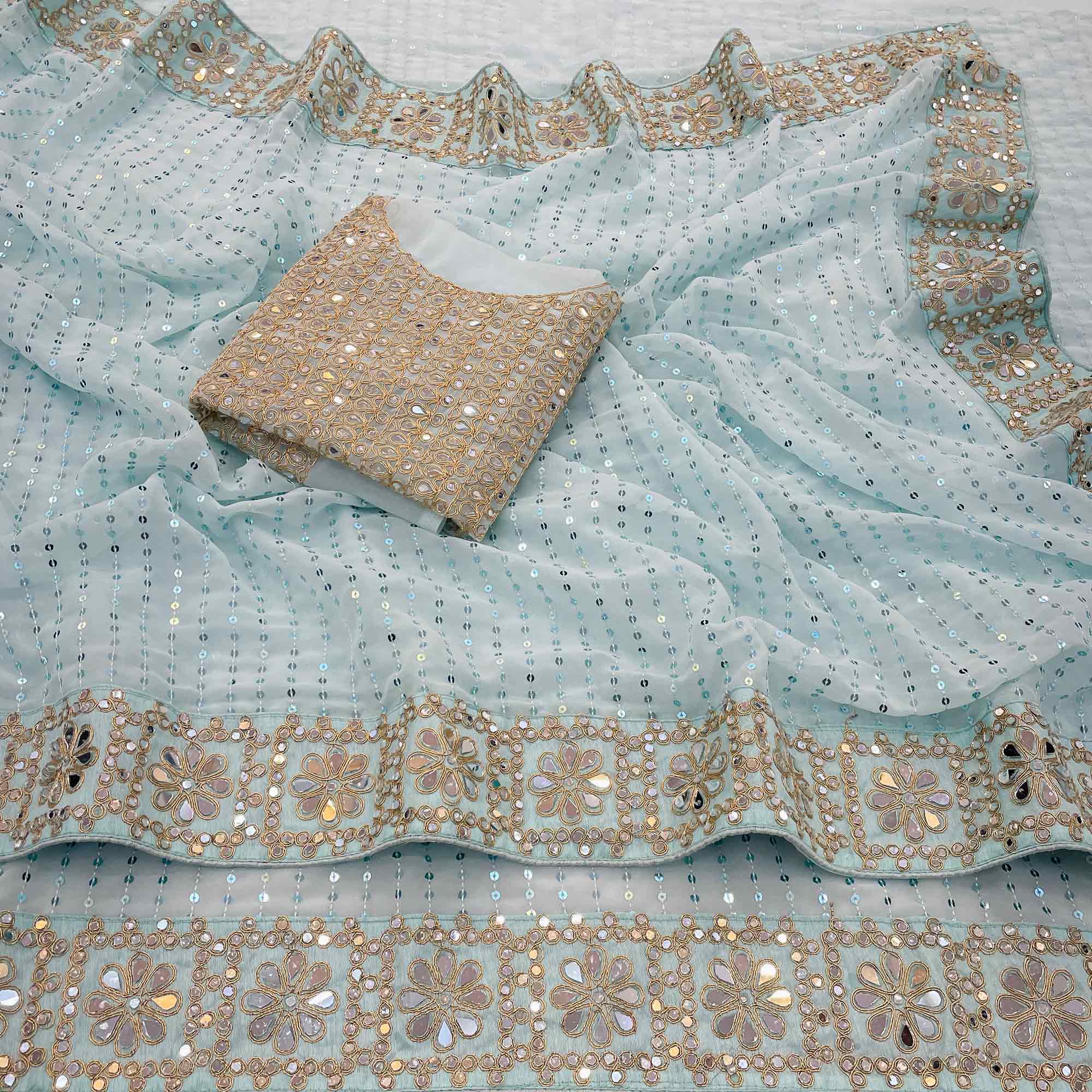 Sky Blue Faux Georgette Saree Adorned with Sequins Work and Elegant Embellishments
