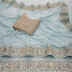 Sky Blue Faux Georgette Saree Adorned with Sequins Work and Elegant Embellishments