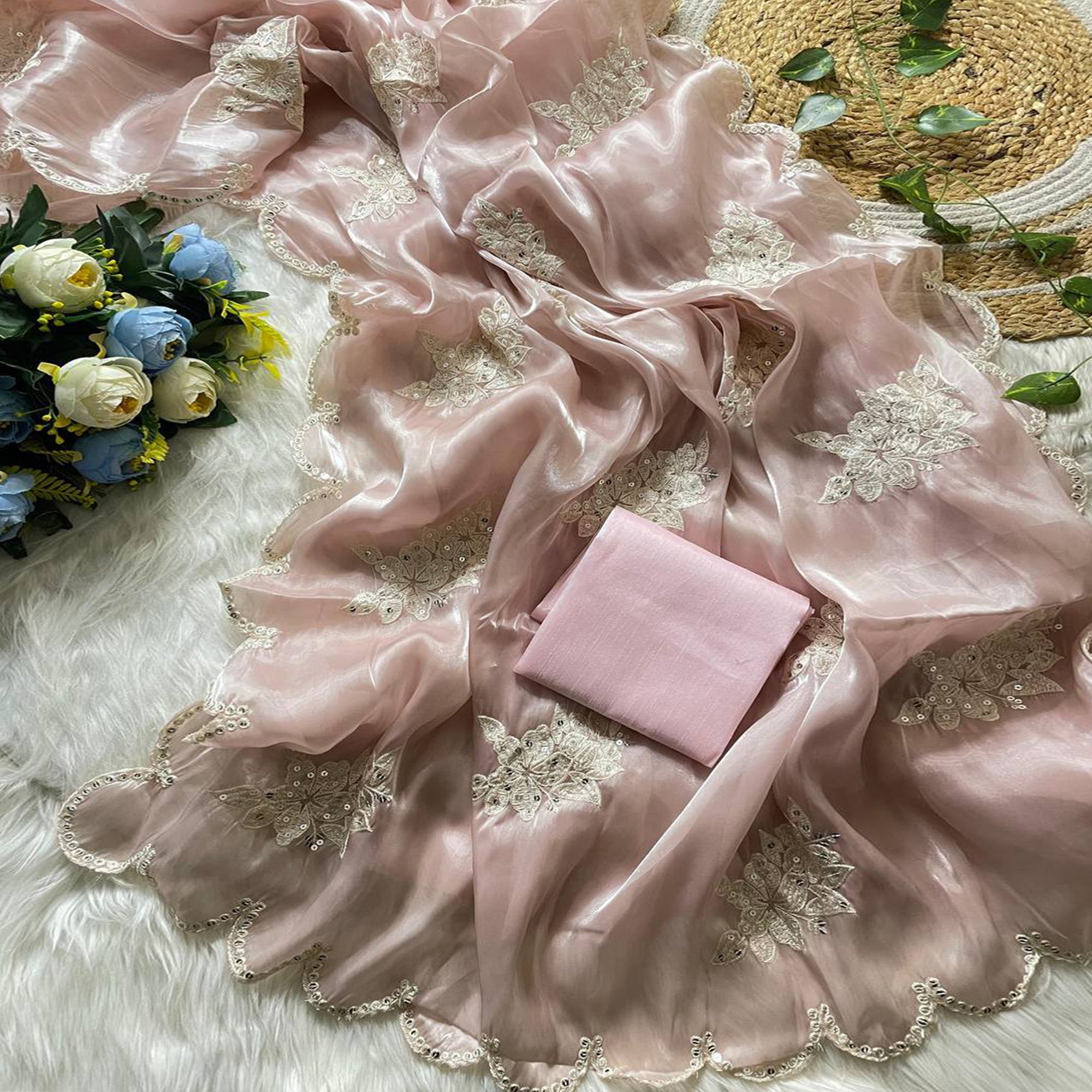 Captivating Pink Floral Thread Embroidered Jimmy Choo Satin Saree With Gleaming Sequins Work