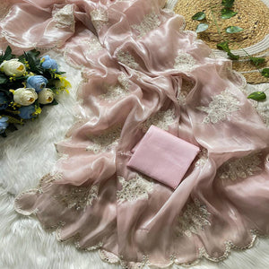 Captivating Pink Floral Thread Embroidered Jimmy Choo Satin Saree With Gleaming Sequins Work