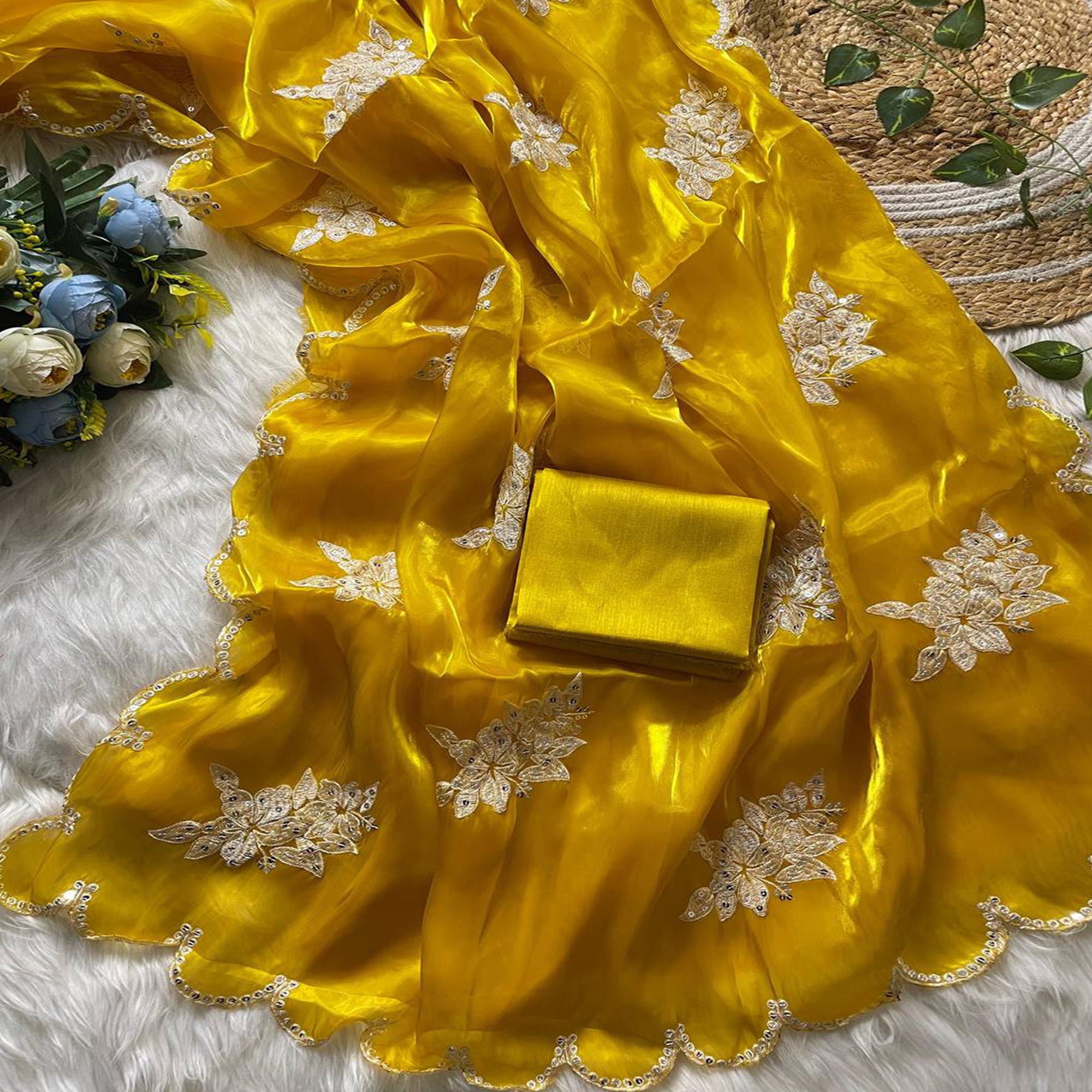 Captivating Yellow Floral Thread Embroidered Jimmy Choo Satin Saree With Gleaming Sequins Work
