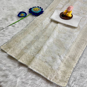 Lustrous White Organza Silk Saree Beautified With Paisley Embroidery & Glittering Sequins Work