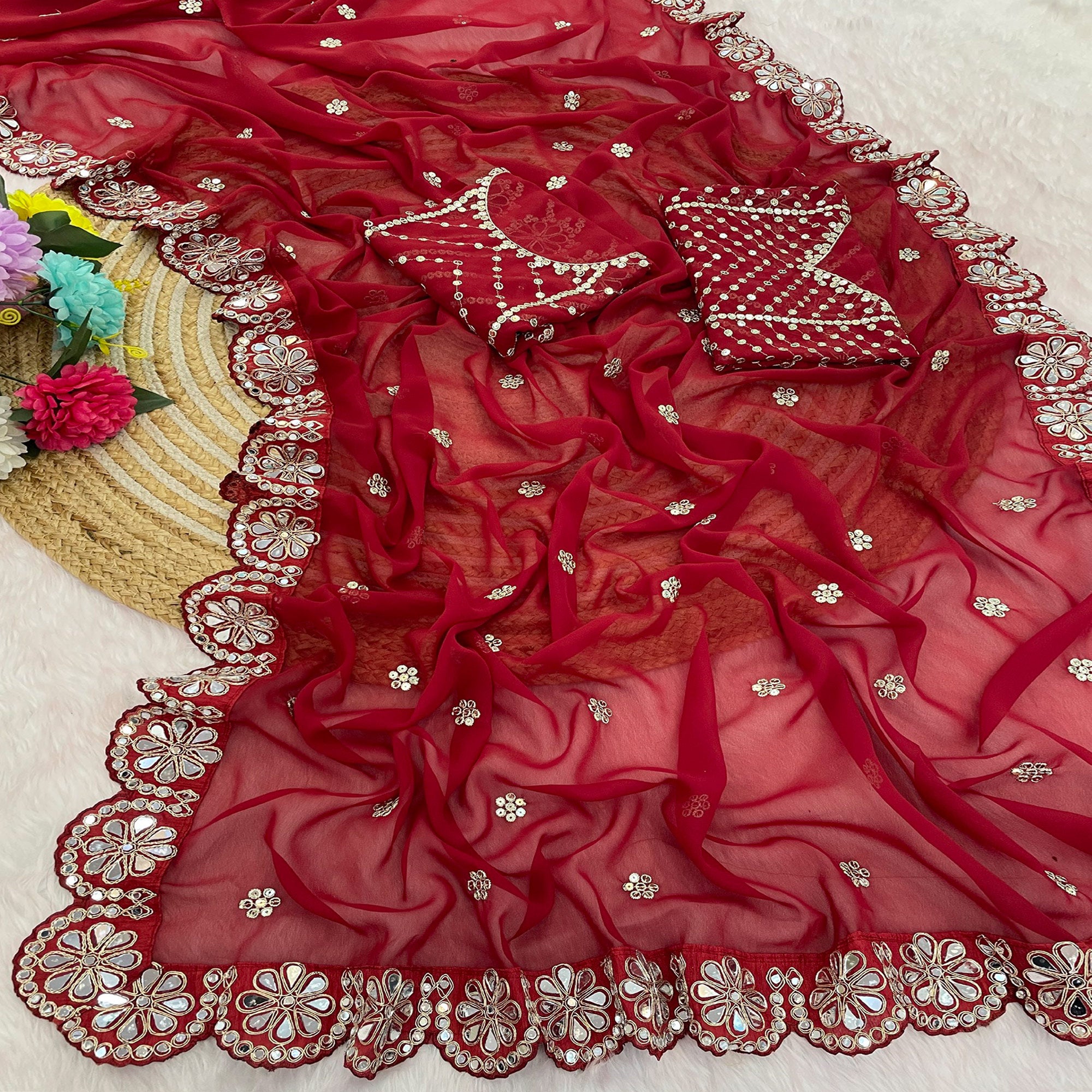 Red Sequins Embellished Georgette Saree with Glamorous Party-Wear Finish