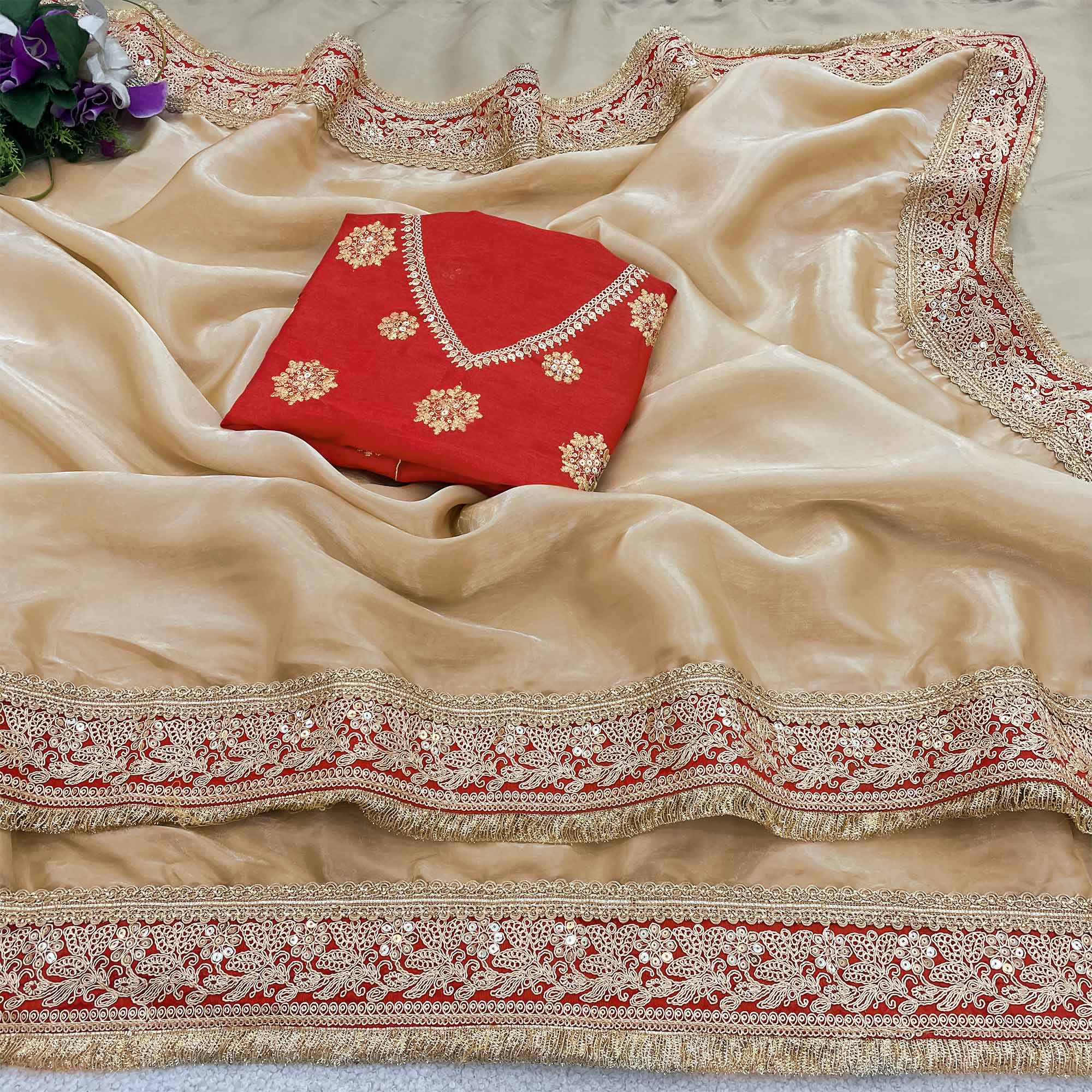 Cream Fancy Satin Solid Saree Accentuated With Elegant Lace Work