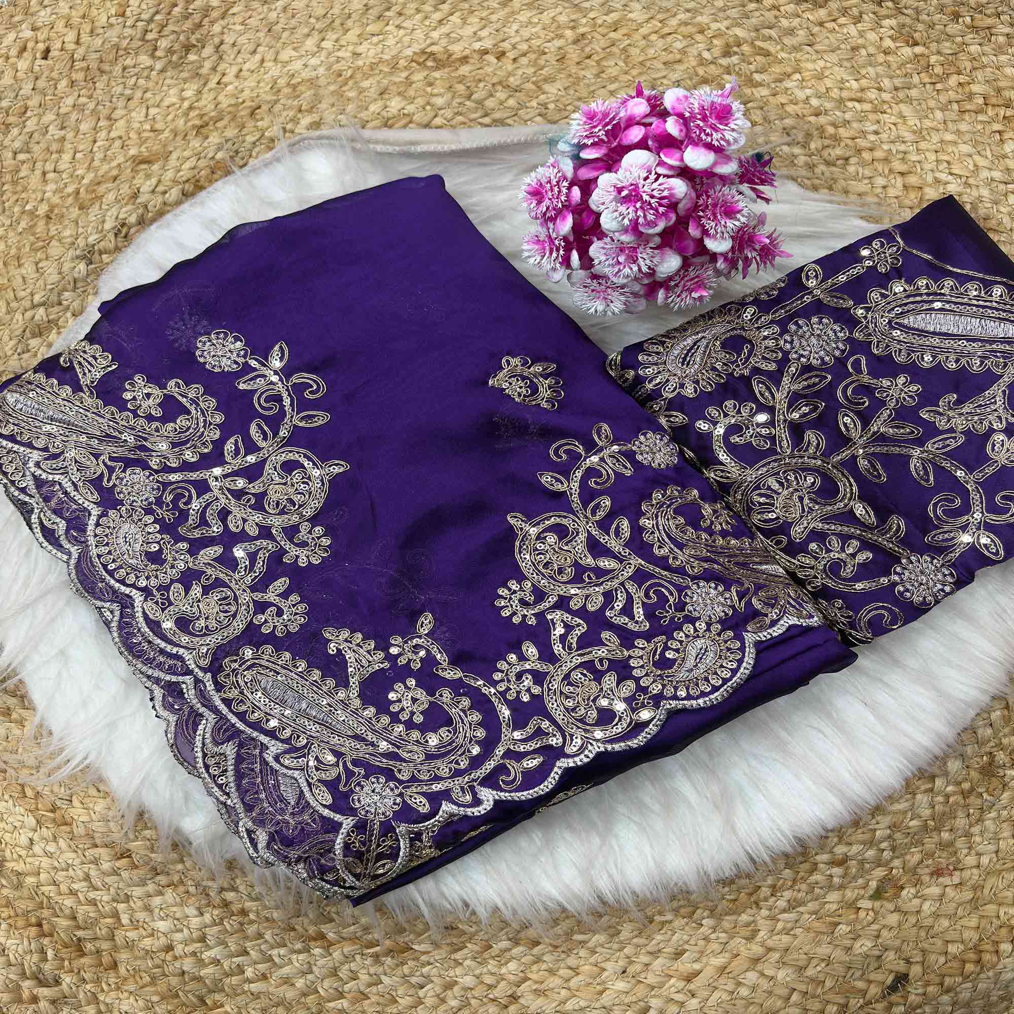 Violet Silk-Blend Saree Featuring Delicate Embroidery and Shimmering Sequins Work