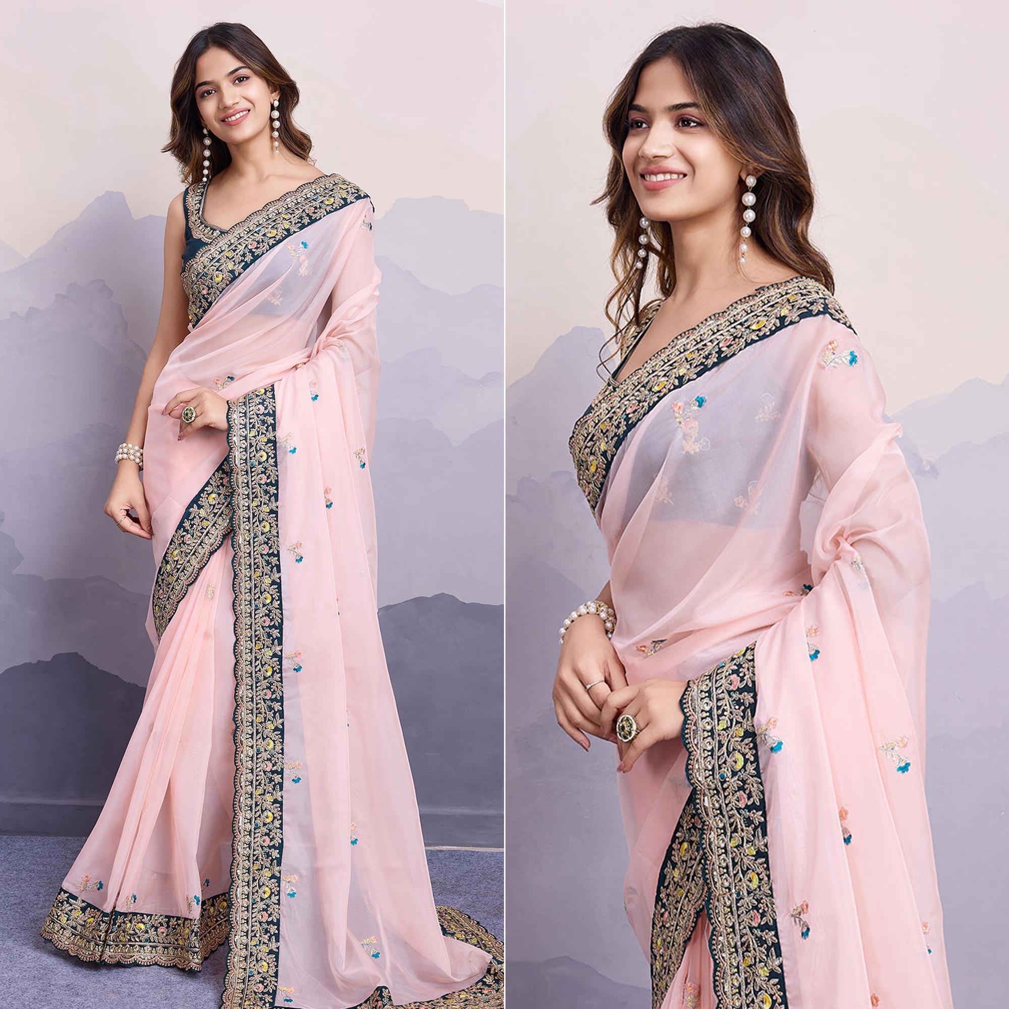 Light Peach Floral Sequins Embroidered Organza Saree With Lace Border