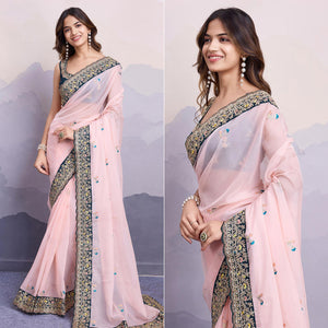 Light Peach Floral Sequins Embroidered Organza Saree With Lace Border