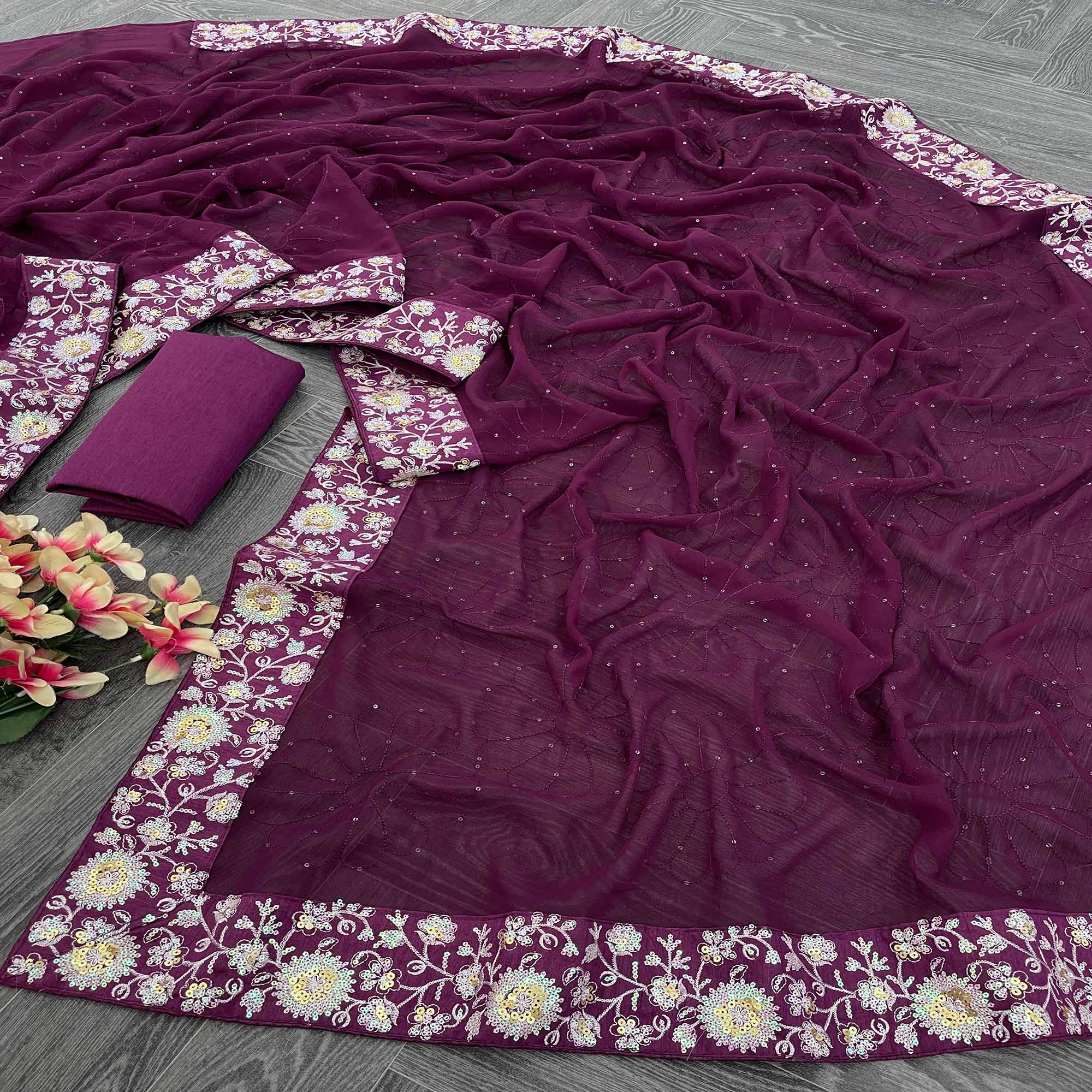 Wine Designer Saree In Georgette With Delicate Floral Sequins Embroidery Work