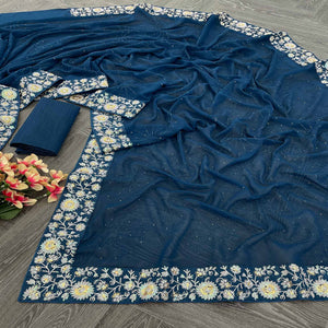 Blue Designer Saree In Georgette With Delicate Floral Sequins Embroidery Work
