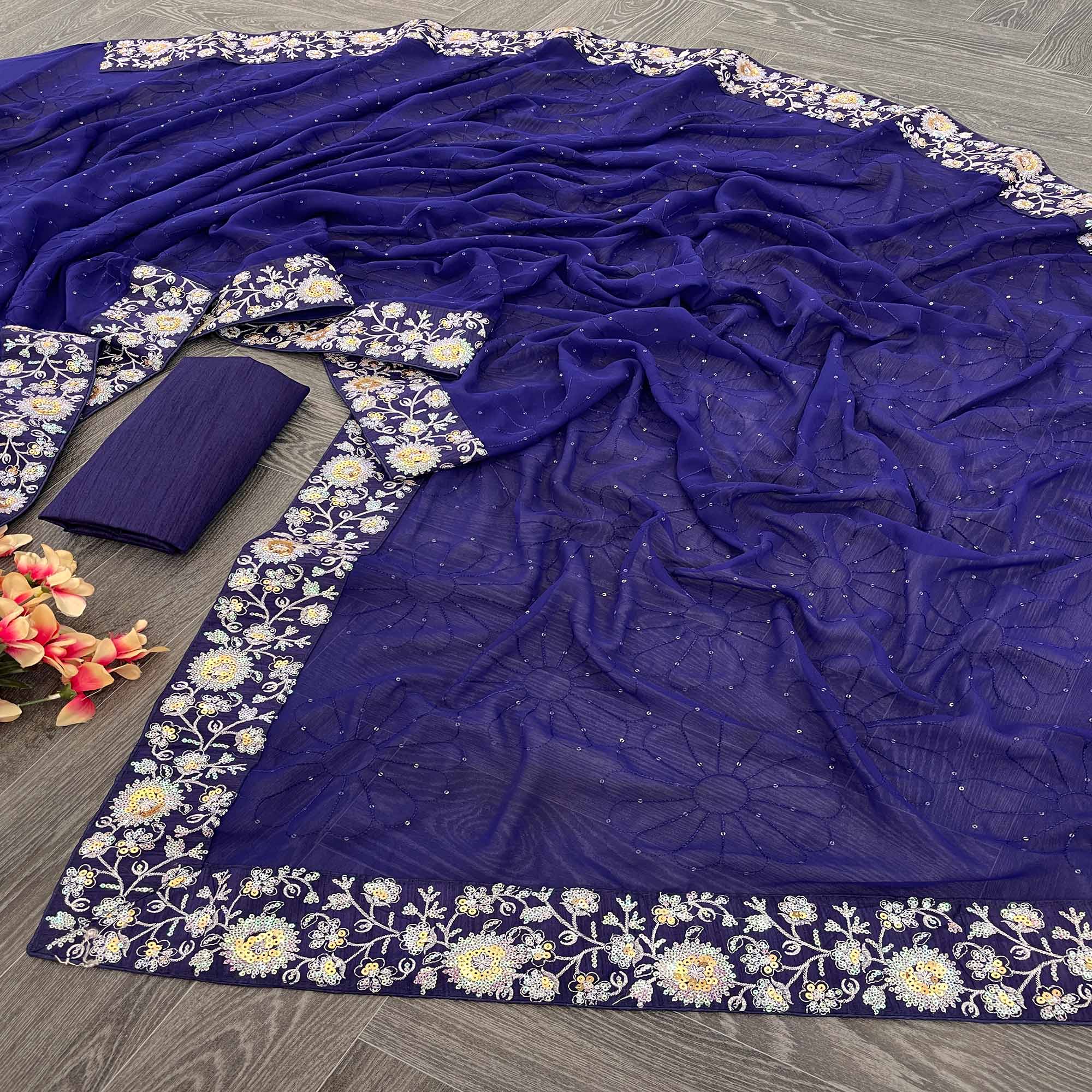 Royal Blue Designer Saree In Georgette With Delicate Floral Sequins Embroidery Work