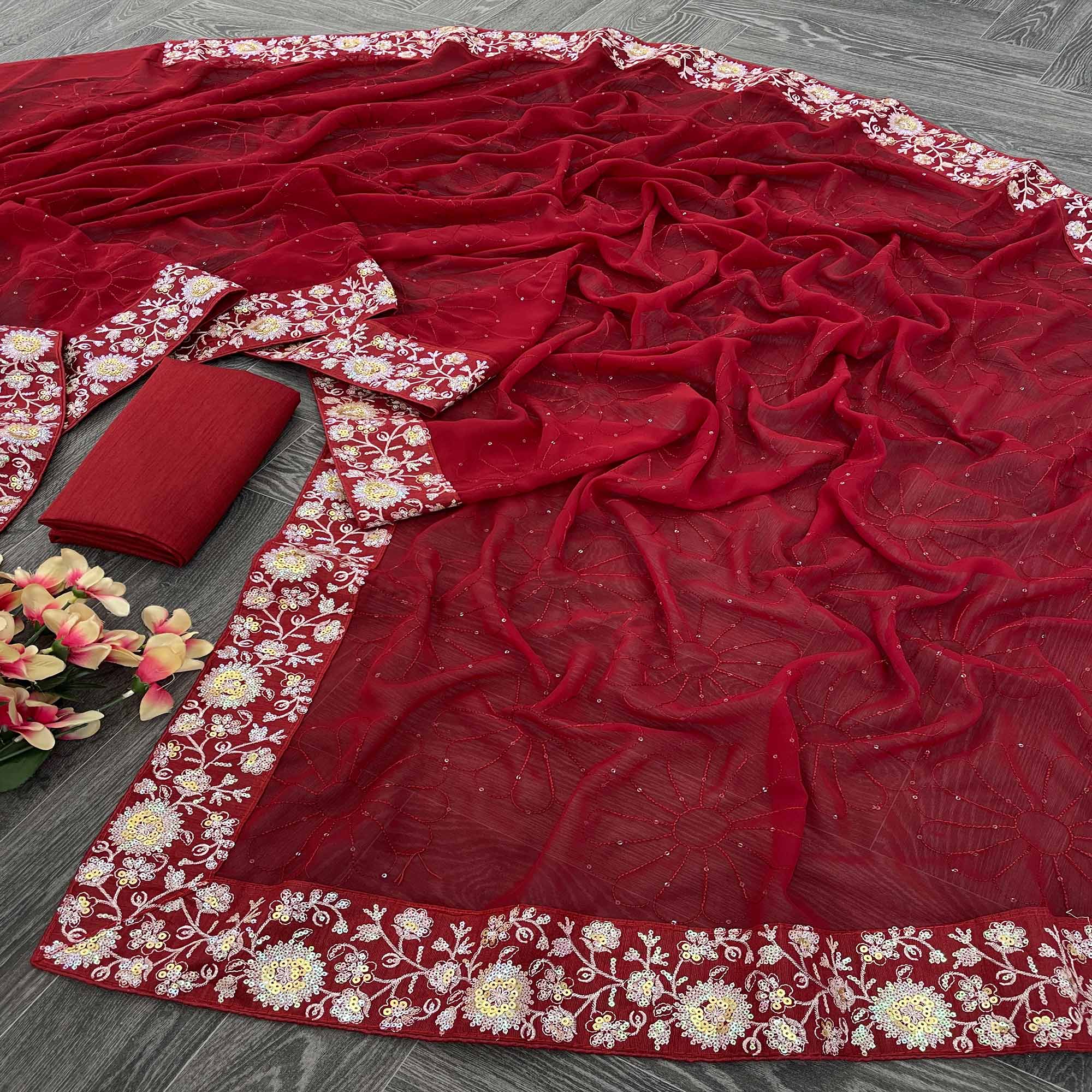 Red Designer Saree In Georgette With Delicate Floral Sequins Embroidery Work