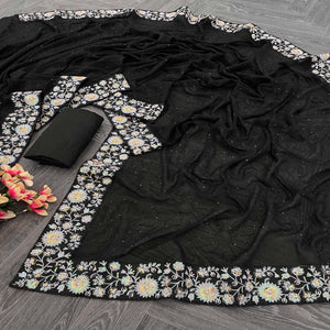 Black Designer Saree In Georgette With Delicate Floral Sequins Embroidery Work