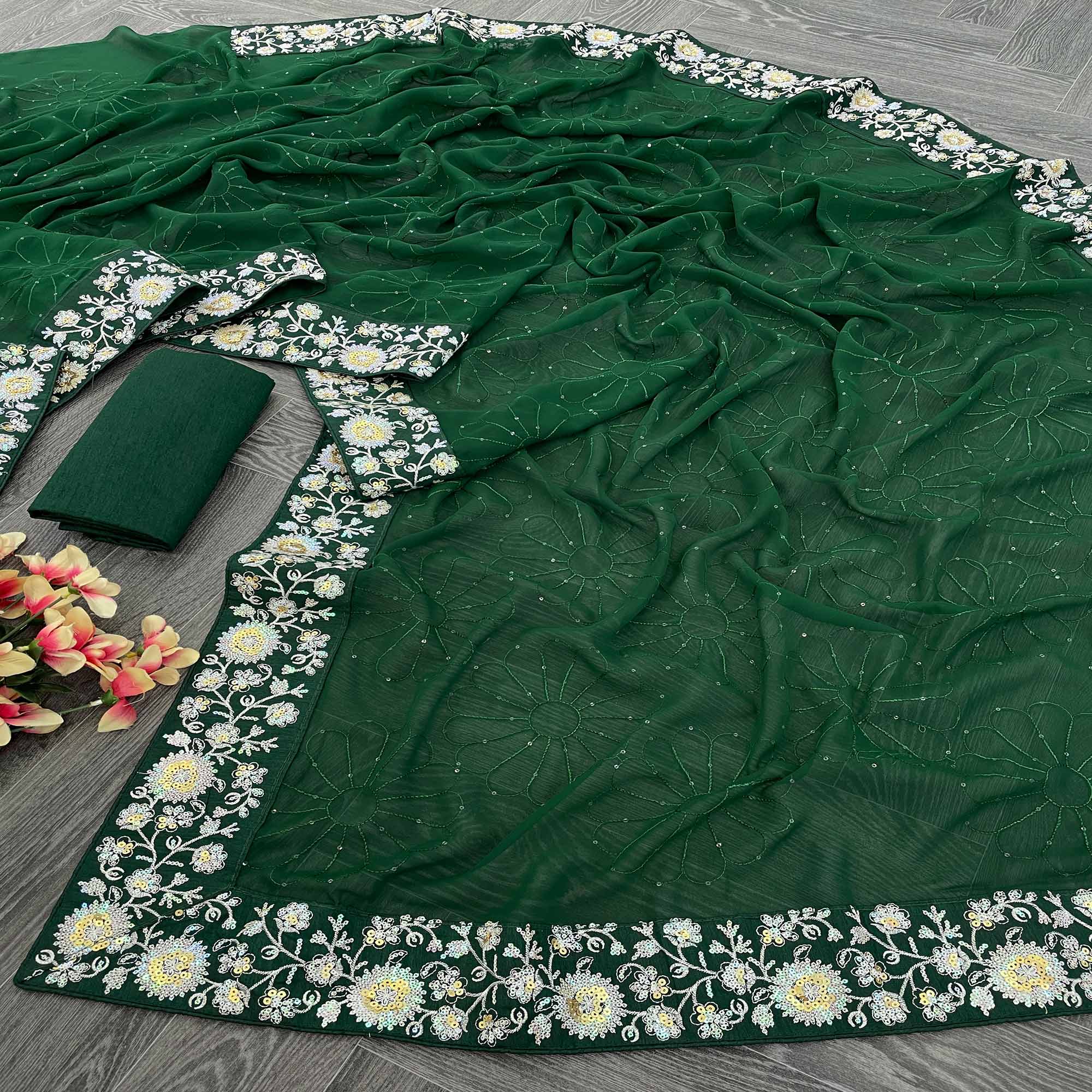 Green Designer Saree In Georgette With Delicate Floral Sequins Embroidery Work