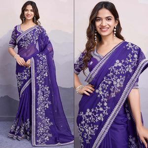 Violet Blue Floral Sequins Embroidered Organza Saree With Lace Border