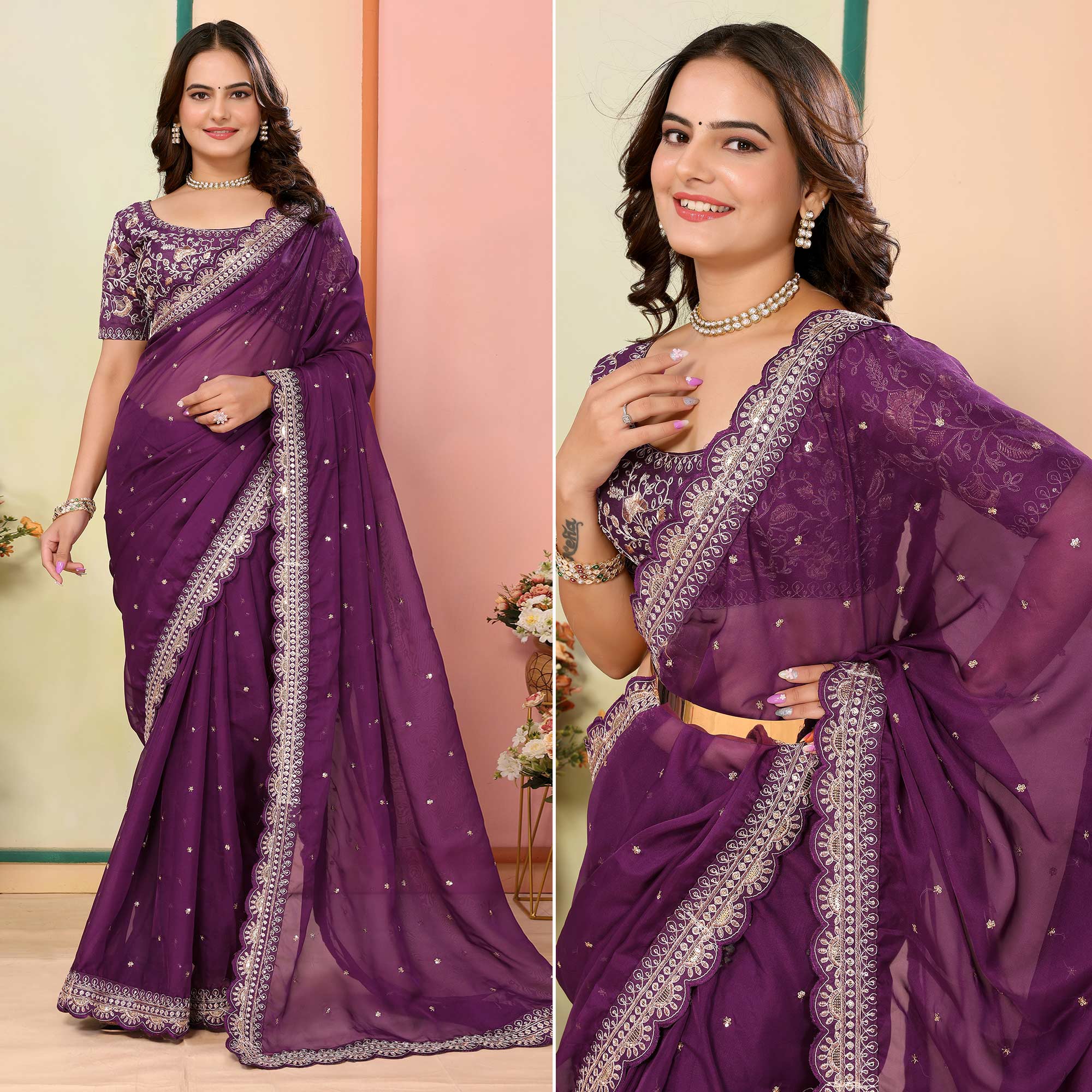 Purple Sequins Embroidered Embroidered Organza Saree