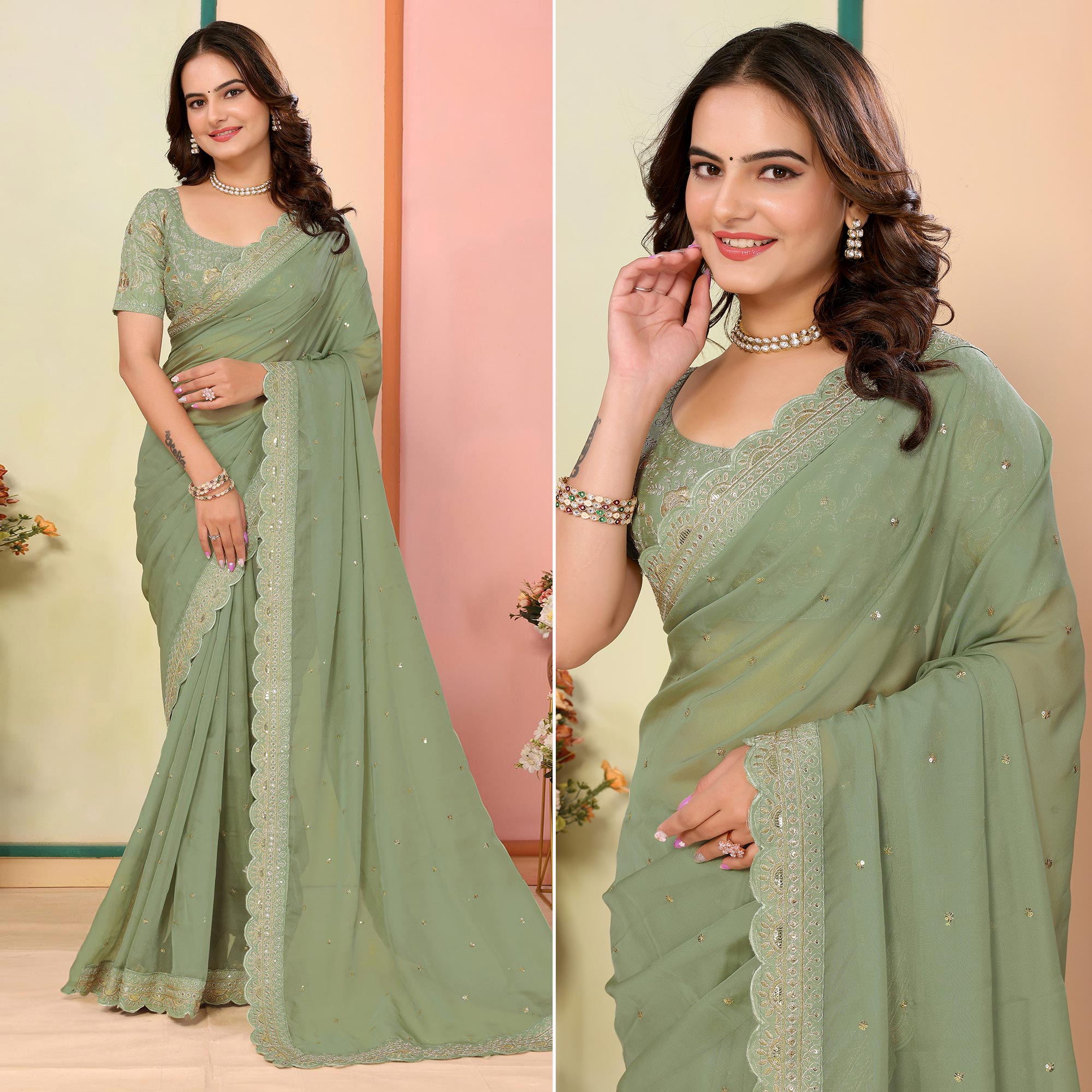 Green Sequins Embroidered Embroidered Organza Saree