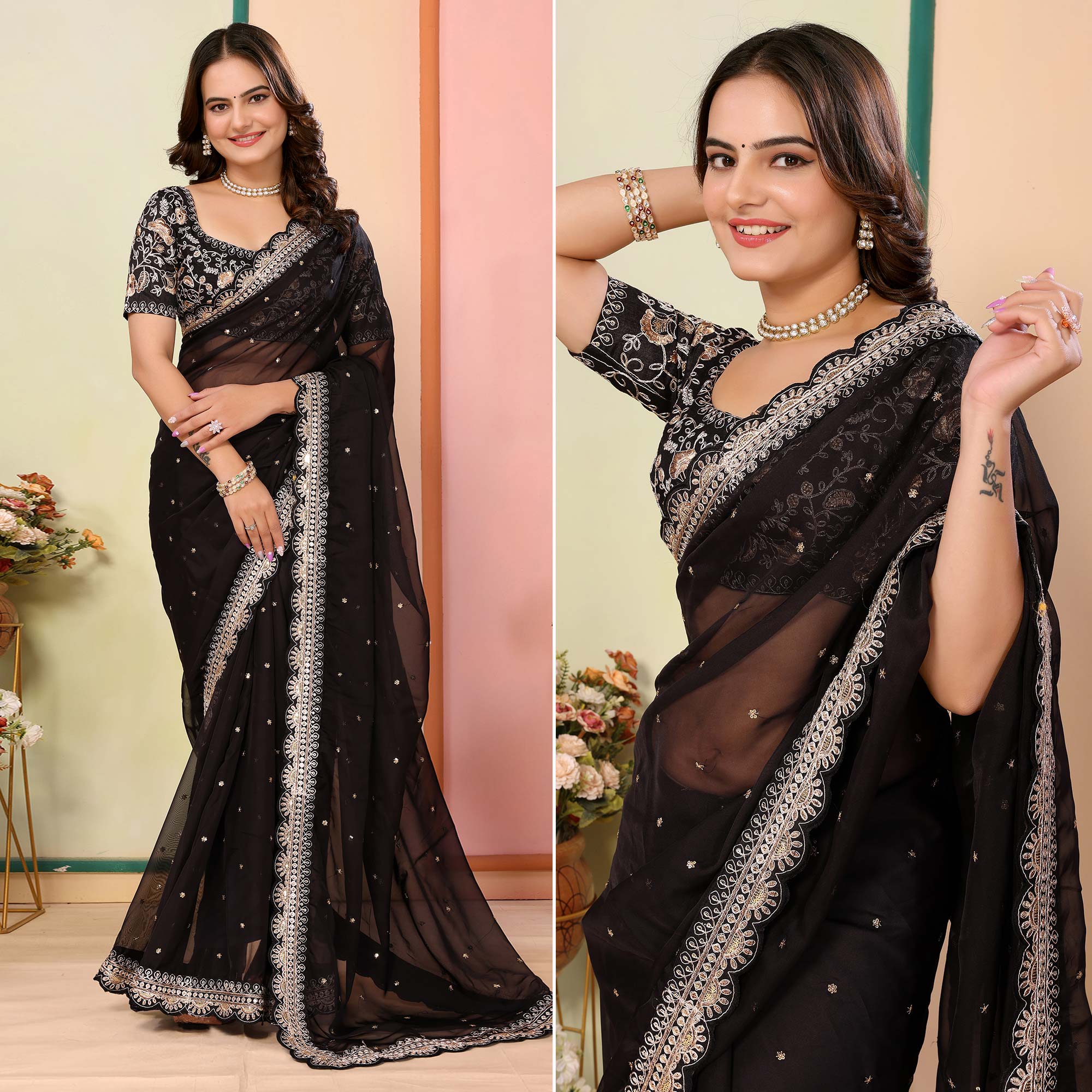 Black Sequins Embroidered Embroidered Organza Saree