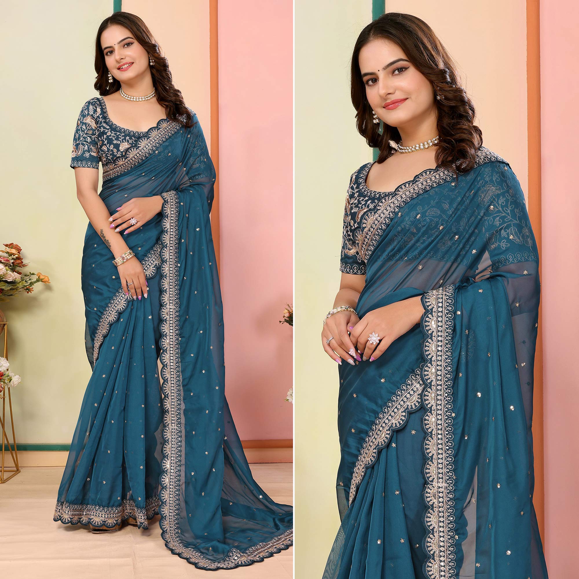 Blue Sequins Embroidered Embroidered Organza Saree