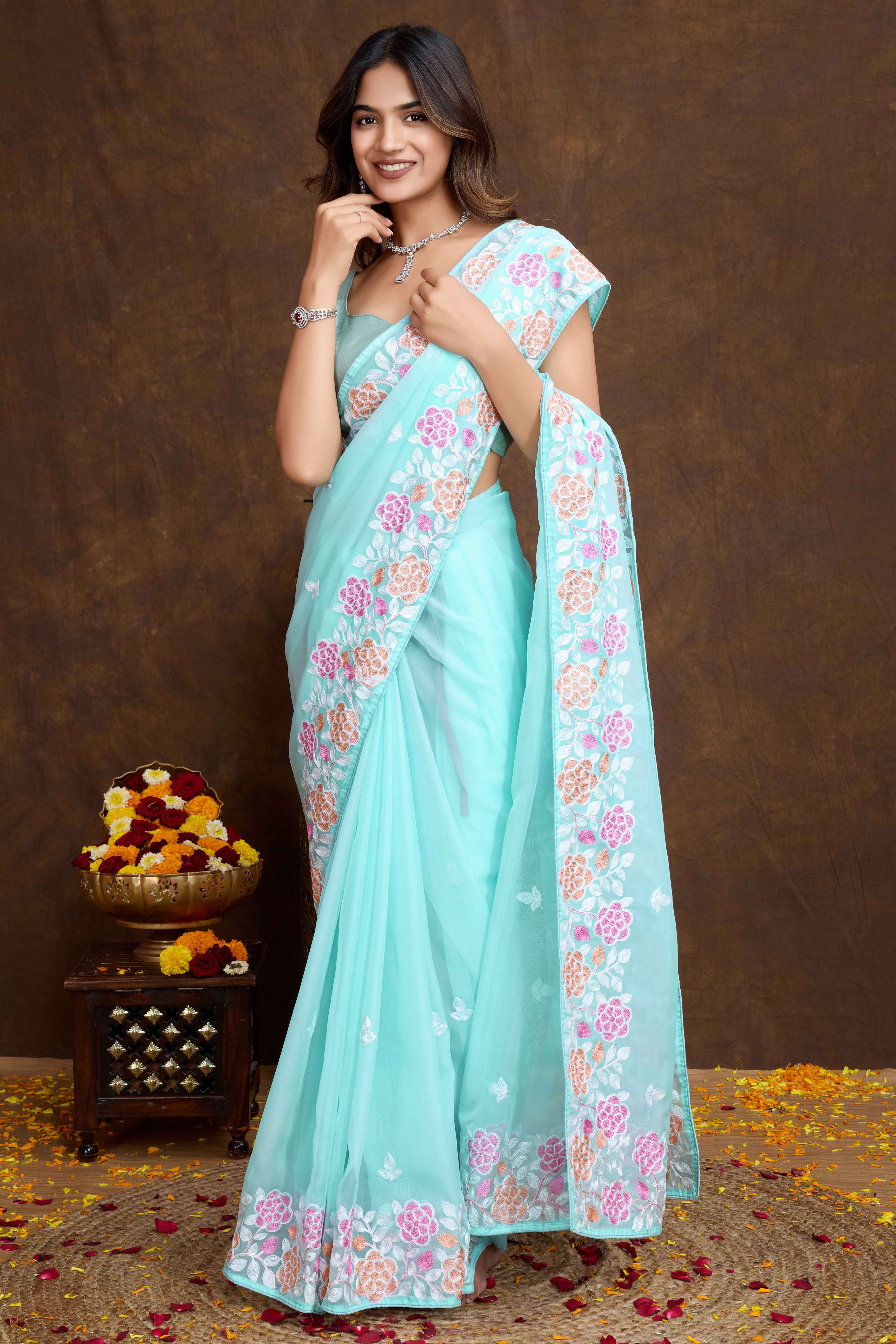 Blue Floral Sequins Embroidered Organza Silk Saree