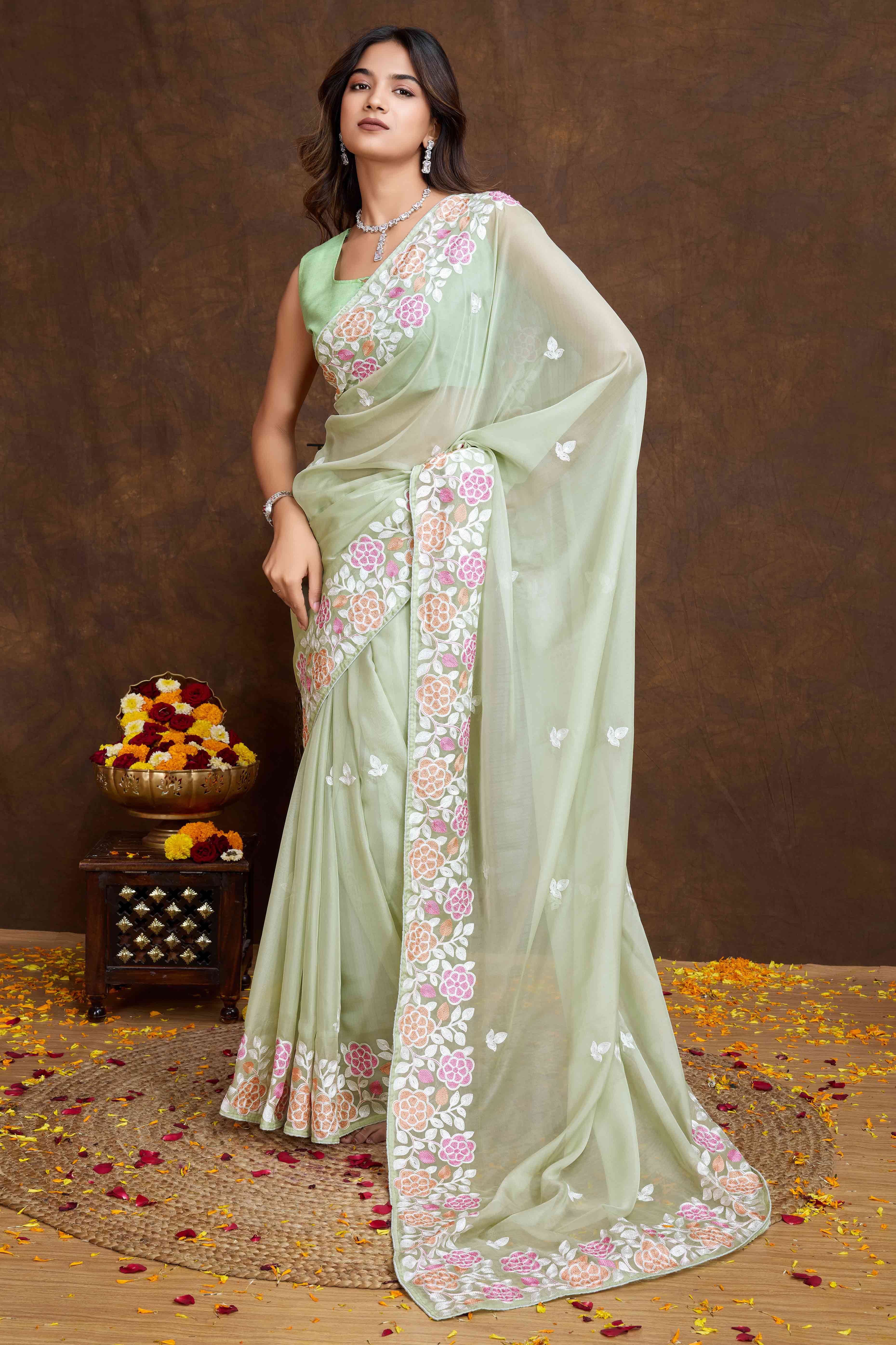 Green Floral Sequins Embroidered Organza Silk Saree